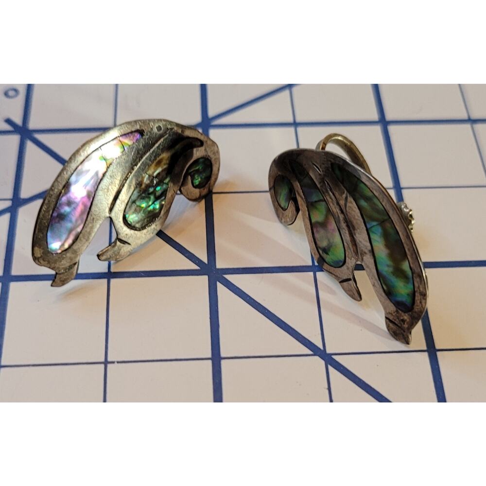 Taxco Mid-century Sterling and Abalone Screw Back Earrings, Marked AV